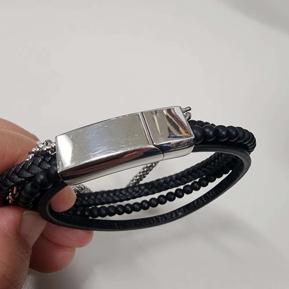 Multi-Strand Stainless Steel & Black Braided Beaded Faux Leather Bracelet Unisex